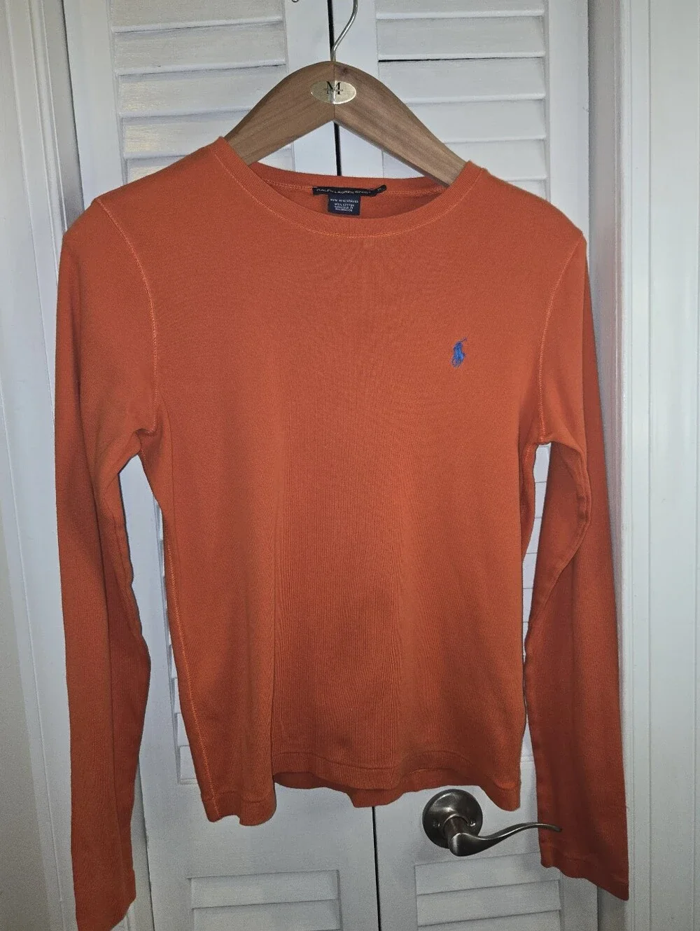 Vintage Ralph Lauren Sport Orange Ribbed Long Sleeve Shirt Blue Pony XL